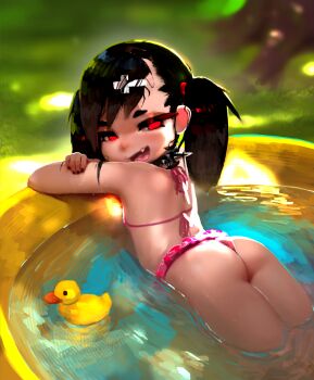 1girl ass bikini black_collar black_hair black_nails collar commentary cross cross_hair_ornament dagger_(fiz-rot) fang fiz-rot hair_ornament halterneck highres latin_cross loli long_hair looking_at_viewer nail_polish open_mouth original pink_bikini red_eyes rubber_duck solo spiked_collar spikes swimsuit twintails wading_pool