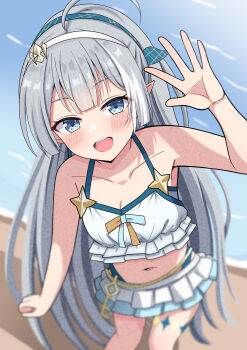1girl absurdres ahoge bikini blue_eyes blurry blush breasts commentary_request depth_of_field female_tyrant_(stella_sora) from_above grey_hair halterneck hand_up highres hosinonana long_hair looking_at_viewer ocean open_mouth pointy_ears small_breasts smile solo stella_sora swimsuit tyrant_(stella_sora) waving white_bikini