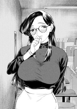 1girl blush breasts commentary_request cowboy_shot forehead glasses greyscale hand_up highres huge_breasts impossible_clothes impossible_sweater indoors jewelry long_hair long_sleeves looking_at_viewer monochrome necklace office_lady original owa_ri_ningen parted_lips pencil_skirt round_eyewear skirt smile solo standing straight-on sweat sweater turtleneck turtleneck_sweater wristband