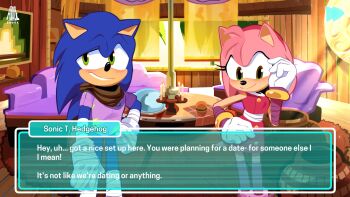 aioles amy_rose blue_fur blush burger candle couch dialogue_box dress employee_uniform gloves green_eyes hairband highres indoors living_room medium_hair nervous_smile pink_fur shirt shoes smile socks sonic_(series) sonic_boom_(series) sonic_the_hedgehog table visual_novel window