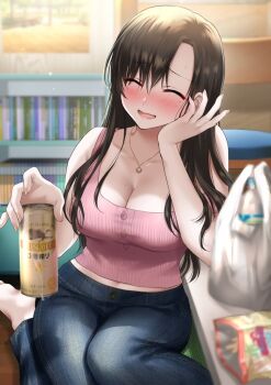 Rule 34 | 1girl, artist request, bag, bare shoulders, barefoot, beer can, blush, breasts, brown hair, buttons, can, cleavage, closed eyes, denim, drink can, drunk, hand on own face, holding, holding can, jewelry, legs together, long hair, mole, mole under eye, navel, necklace, open mouth, original, pink shirt, plastic bag, ribbed shirt, shirt, sitting, tank top