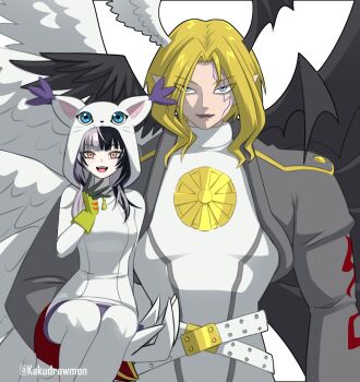 1boy 1girl angel angel_wings asymmetrical_wings black_hair black_jacket black_wings blonde_hair bodysuit breasts carrying carrying_person cosplay cowboy_shot cropped_jacket demon_boy demon_wings digimon digimon_story:_time_stranger facial_mark fangs gloves green_gloves grey_hair head_wings highres hololive hololive_english hood hood_up hoodie jacket kakudrawmon lucemon_falldown_mode multicolored_hair multiple_wings pantyhose pointy_ears shiori_novella short_hair sitting tailmon tailmon_(cosplay) two-tone_hair virtual_youtuber white_bodysuit white_hoodie white_pantyhose white_wings wings
