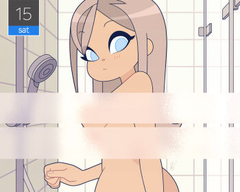 1girl ape_yacht_kookies ass back bare_back blush blush_stickers breasts completely_nude convenient_censoring fingernails from_behind grey_hair indoors liliana_canistrelli long_hair looking_at_viewer looking_back louis_lloyd-judson medium_breasts nude original shower_(place) shower_head solo tan tanline tile_wall tiles toned toned_female