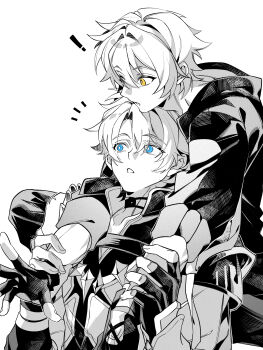 Rule 34 | !, 2boys, absurdres, blue eyes, boy on top, caelus (honkai: star rail), carrying, carrying person, chinese commentary, coat, collarbone, commentary request, hair between eyes, high collar, highres, honkai: star rail, honkai (series), long sleeves, monochrome, multiple boys, notice lines, parted lips, phainon (honkai: star rail), piggyback, rongyuan gulu, shade, standing, trailblazer (honkai: star rail), upper body, white background, yaoi, yellow eyes