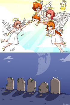 Rule 34 | 5girls, absurdres, angel wings, braid, braided base, bun with braided base, character name, collarbone, commentary, dress, english commentary, feathers, god of school idols, hair bun, halo, highres, hinoshita kaho, kosaka honoka, krakelak, long hair, love live!, love live! hasu no sora jogakuin school idol club, love live! nijigasaki high school idol club, love live! school idol festival, love live! school idol festival 2, love live! school idol festival all stars, love live! school idol project, love live! sunshine!!, love live! superstar!!, medium dress, medium hair, meme, moss, multiple girls, nesoberi, night, one side up, orange hair, puchiguru love live!, purple eyes, shibuya kanon, single feather, single hair bun, skips sitting next to graves (meme), sleeveless, sleeveless dress, takami chika, tombstone, traditional halo, twitter username, two side up, uehara ayumu, white dress, white feathers, white wings, wings, yellow eyes, yellow halo