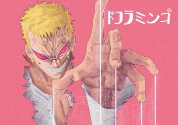 1boy 23prasojo blonde_hair character_name coat donquixote_doflamingo earrings grin highres jewelry male_focus one_piece open_clothes open_shirt pink_coat shirt short_hair smile solo sunglasses thread veiny_face white_shirt