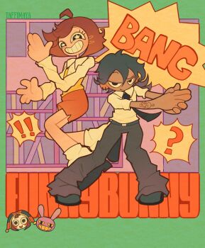 Rule 34 | !, !!, :d, ?, abstract background, arm tattoo, artist name, belt, black eyes, black necktie, blue belt, blue hair, blue shoes, book, bookshelf, brown hair, collared shirt, colored sclera, colored teeth, commentary, dark-skinned male, dark skin, ear piercing, english commentary, gradient hair, grey pants, grin, gun, handgun, hat, highres, humanization, inset, jax (the amazing digital circus), jester cap, multicolored hair, narrowed eyes, necktie, no nose, open mouth, pants, piercing, pomni (the amazing digital circus), shirt, shoes, smile, sound effects, star-shaped pupils, star (symbol), symbol-shaped pupils, taffimaya, tattoo, teeth, the amazing digital circus, two-tone hat, weapon, yellow sclera, yellow shirt, yellow teeth