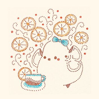 animal_focus bird blue_bow bow commentary_request cup food fruit highres lemon lemon_slice long-tailed_tit no_humans original solo tea teacup tit_(bird) traditional_media usagi_shigeko