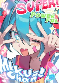 1girl absurdres bandaid bandaid_on_cheek bandaid_on_face blue_eyes blue_hair double_w hatsune_miku highres krlouvf one_eye_closed open_mouth solo vocaloid w