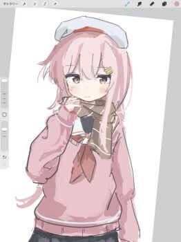 Rule 34 | 1girl, art program in frame, blush, brown scarf, hair ornament, hairclip, hand up, harusame (kancolle), hat, highres, ichiha (ichi u2), kantai collection, light smile, long hair, long sleeves, looking at viewer, necktie, pink eyes, pink hair, pink sweater, red necktie, sailor collar, scarf, simple background, solo, sweater, upper body, white background, white hat, white sailor collar