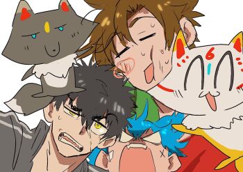 Rule 34 | 3boys, angry, blue eyes, blue hair, brown hair, crowded, doudanuki masakuni, gotcha!, konnosuke, kuhe, kuronosuke, male focus, multiple boys, no pupils, open mouth, otegine, parody, pokemon, sayo samonji, scar, scar on face, simple background, touken ranbu, white background, yellow eyes