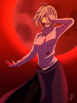 Rule 34 | 1girl, antenna hair, arcueid brunestud, blonde hair, blood, blood on clothes, blood on face, blood on hands, breasts, colored sclera, commentary, english commentary, fangs, full moon, hand over eye, jewelry, long skirt, looking at viewer, moon, mystic eyes, mystic eyes of enchantment, pantyhose, purple skirt, red arcueid, red eyes, red moon, red sclera, short hair, signature, skirt, smile, sweater, tsukihime, tsukihime (remake), turtleneck, turtleneck sweater, vampcoonffee, yellow eyes