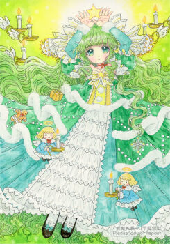 3girls angel angel_wings aqua_dress arms_up blonde_hair blue_dress candle christmas christmas_tree dress full_body fur-trimmed_dress fur_trim green_dress green_eyes green_hair halo hisakata_(hisa_nn) long_dress long_hair long_sleeves looking_at_viewer mini_person minigirl multiple_girls original personification star_(symbol) very_long_hair wavy_hair wings