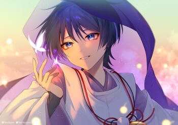 Rule 34 | 1boy, artist name, blue pupils, blurry, blurry background, bug, butterfly, cherry blossoms, commentary, crystalfly (genshin impact), eyeliner, fireflies, genshin impact, glowing, glowing butterfly, gradient background, hair between eyes, head tilt, highres, insect, leaning to the side, light particles, long sleeves, looking to the side, makeup, multicolored eyes, multicolored hair, outdoors, parted lips, purple eyes, purple hair, purple veil, red eyeliner, scaramouche (genshin impact), scaramouche (kabukimono) (genshin impact), shade, solo, standing, streaked hair, tero (terotero3187), tree, twitter username, veil, wide sleeves