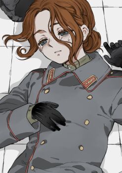 1girl black_gloves black_hat buttons crying double-breasted fur_hat gloves hair_bun hat highres lying military_uniform nanimonothing on_back orange_hair original pale_skin russia russia_(nanimonothing) solo unworn_hat unworn_headwear