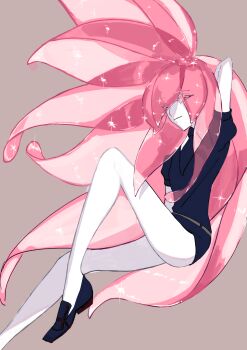 Rule 34 | 1other, absurdres, androgynous, arm up, bare legs, black necktie, black shoes, black vest, brown background, colored eyelashes, commentary request, crystal hair, eyes visible through hair, floating hair, gem uniform (houseki no kuni), highres, houseki no kuni, leg up, light smile, loafers, long hair, looking at viewer, morganite (houseki no kuni), necktie, other focus, pink eyes, pink hair, puffy short sleeves, puffy sleeves, shirt, shoes, short sleeves, solo, sparkle, tukky1600, vest, white shirt