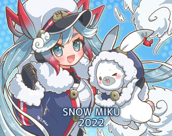 >_o 1girl 1other aqua_eyes aqua_hair black_coat black_gloves black_necktie blush character_name coat collared_shirt commentary_request crab fur-trimmed_coat fur-trimmed_sleeves fur_trim gloves gradient_hair hair_between_eyes hair_ornament hair_ribbon hat hatsune_miku highres jacket long_hair long_sleeves looking_at_viewer multicolored_hair necktie nekonon official_alternate_costume official_alternate_hairstyle one_eye_closed open_mouth peaked_cap rabbit rabbit_yukine red_ribbon red_shirt ribbon sailor_hat shirt smile thighhighs twintails very_long_hair vocaloid white_hair white_jacket yuki_miku yuki_miku_(2022)