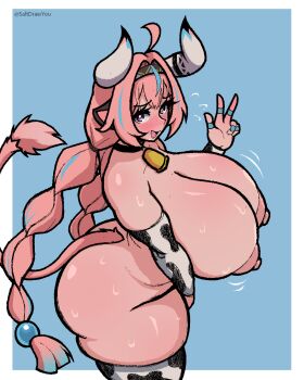 1girl absurdres ahoge animal_ears animal_print aqua_hair artist_name bell black_choker blush braid breasts choker commentary cow_ears cow_girl cow_horns cow_print cow_print_sleeves cow_print_thighhighs cow_tail cowbell detached_sleeves english_commentary facing_to_the_side genshin_impact hair_ornament hairband highres horns long_hair looking_at_viewer low_twin_braids multicolored_hair multicolored_hairband neck_bell nipples open_mouth pink_hair pink_tail print_thighhighs purple_eyes saltdrawyou simple_background skindentation smile solo streaked_hair sweat tail thick_thighs thighhighs thighs twin_braids varesa_(genshin_impact) very_long_hair very_sweaty w white_horns