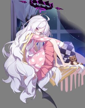 Rule 34 | 1girl, barefoot, beiqi coconut, black halo, black horns, blue archive, cardigan, cardigan on shoulders, demon girl, demon horns, demon wings, hair between eyes, halo, hina (blue archive), hina (pajamas) (blue archive), horns, long hair, official alternate costume, open cardigan, open clothes, pajamas, pink pajamas, polka dot, polka dot pajamas, purple eyes, sitting, solo, stuffed animal, stuffed toy, teddy bear, very long hair, white hair, wings, yellow cardigan