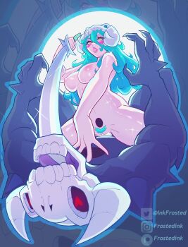 1boy 1girl arrancar artist_name bleach breasts colored_pubic_hair completely_nude facial_mark female_pubic_hair frostedink green_hair green_pubic_hair heart heart-shaped_pupils highres holding holding_sword holding_weapon hollow_(bleach) hollow_hole long_hair mask mask_on_head medium_breasts nelliel_tu_odelschwanck nipples nude patreon_username pubic_hair shiny_skin skull_on_head spread_legs sword symbol-shaped_pupils thighs twitter_username weapon yellow_eyes