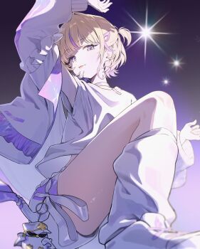 1girl :p absurdres arm_up banpen_(todoroki_hajime) blonde_hair choker dangdidangdi hashtag-only_commentary highres hololive hololive_dev_is looking_at_viewer multicolored_hair purple_choker purple_eyes purple_hair shirt short_hair shorts solo streaked_hair t-shirt todoroki_hajime todoroki_hajime_(1st_costume) tongue tongue_out two_side_up white_shirt white_shorts