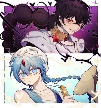 2boys aladdin_(magi) black_hair black_rukh_(magi) blue_eyes blue_hair border braid flute forehead_jewel highres holding holding_wand instrument jewelry judal long_hair magi_the_labyrinth_of_magic male_focus multiple_boys neck_ring red_eyes rukh_(magi) single_braid smile turban wand white_border youuji