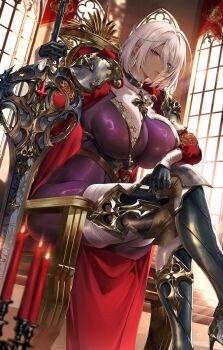 1girl absurdres arm_on_knee armor armored_boots artist_request banner blurry blurry_foreground bodysuit boots breast_curtains breasts candle candlelight candlestand cape closed_mouth collar commentary commission crossed_legs dark-skinned_female dark-skinned_female_warrior_(civila123) dark_skin expressionless feet_out_of_frame fire from_below from_side gem gold gold_trim hair_between_eyes hair_over_one_eye high_heels highres holding holding_sword holding_weapon indoors knee_armor knee_boots large_breasts light_rays looking_at_viewer original ornate_weapon pauldrons planted planted_sword purple_bodysuit purple_eyes red_candle red_cape red_gem second-party_source shoulder_armor sitting solo stairs sword thighs weapon white_hair window