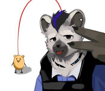 1boy 1other :3 apizbau arknights artist_self-insert black_hair claws commentary ear_piercing english_commentary eyebrow_piercing face_piercing furry furry_male grey_fur highres hyena_boy hyena_ears infection_monitor_(arknights) looking_at_viewer multicolored_hair open_mouth original piercing s_line_(kkomabi) smile spot_(arknights) spot_(professional)_(arknights) streaked_hair tongue tongue_out v white_background