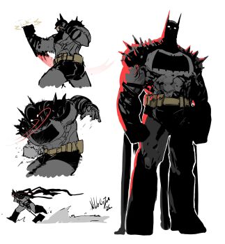 1boy absolute_batman absolute_dc back_spikes bat_mask batman batman_symbol belt bodysuit commentary cowl dc_comics english_commentary fighting_stance grey_bodysuit highres kjlbs male_focus multicolored_bodysuit muscular muscular_male solo superhero_costume tall_male taut_bodysuit two-tone_bodysuit utility_belt