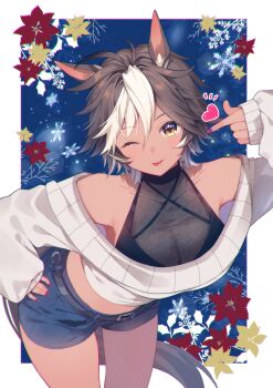 1girl absurdres alternate_costume animal_ears blue_shorts breasts brown_eyes brown_fur brown_hair commentary english_commentary finger_heart hair_between_eyes highres horse_ears horse_girl horse_tail large_breasts leaning_forward long_sleeves mochiko_tsuru multicolored_hair one_eye_closed purple_nails second-party_source short_hair shorts smile snowflakes solo standing sweater tail tongue tongue_out v-dere virtual_youtuber white_hair white_sweater