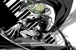 1girl 2015 green_eyes hand_on_weapon holding holding_scythe instrument maka_albarn piano piano_keys scythe skirt sleeve_cuffs soul_eater twintails zzyzzyy