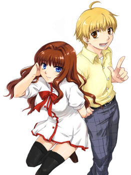 Rule 34 | 1boy, 1girl, :d, ahoge, belt, black thighhighs, bow, bowtie, buckle, collared shirt, dress, index finger raised, kanon, kitagawa jun, looking at viewer, misaka kaori, misaki juri, misaki kisato, open mouth, pants, red bow, red bowtie, shirt, simple background, smile, thigh gap, thighhighs, white background, white dress, zettai ryouiki