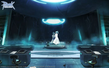 1girl artist_request blue_hair blue_theme check_artist coat computer copyright_notice crack cracked_glass full_body hasumi_yuuki high_ponytail highres indoors lab_coat logo long_hair long_sleeves machine official_art official_wallpaper paper ponytail ragnarok_online reflection server smoke solo stool tile_floor tiles verity white_coat wide_shot