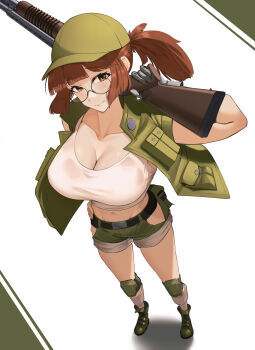 1girl baseball_cap belt black_belt black_boots black_border blunt_bangs boots border breasts brown_eyes brown_hair brown_shorts carrying_over_shoulder check_clothing cleavage clothing_request commentary crop_top dutch_angle eipanguino english_commentary fio_germi floating_hair from_above glasses gloves green_hair green_vest grey_gloves gun hat head_tilt highres holding holding_gun holding_weapon huge_breasts knee_pads looking_at_viewer medium_hair metal_slug midriff navel ponytail rifle short_side_ponytail shorts simple_background smile solo tank_top torn_clothes torn_shorts vest weapon white_background white_tank_top