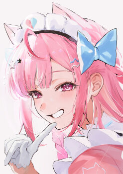 1girl absurdres ahoge animal_ears animal_print blue_bow blue_ribbon blush bow cat_ears cat_girl cat_hair_ornament cat_print commentary dress extra_ears eyelashes gloves grin hair_bow hair_ornament hairclip heart heart_print highres index_finger_raised indie_virtual_youtuber long_hair maid maid_headdress neck_ribbon pink_dress pink_eyes pink_hair revenge_road ribbon simple_background smile solo star_(symbol) star_hair_ornament virtual_youtuber white_background white_gloves yuuki_sakuna