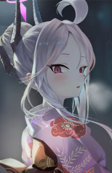 1girl absurdres ahoge blue_archive blush commentary_request demon_girl demon_horns floral_print floral_print_kimono furisode grey_hair hair_between_eyes highres hina_(blue_archive) horns japanese_clothes keji133 kimono long_hair looking_at_viewer looking_back multiple_horns open_mouth pink_eyes print_kimono