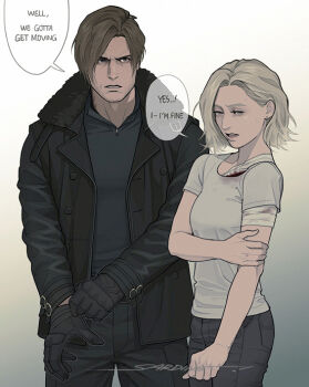 1boy 1girl adjusting_clothes adjusting_gloves artist_name bandaged_arm bandages black_coat black_gloves black_pants black_shirt blonde_hair breasts brown_hair coat cowboy_shot english_text fur-trimmed_coat fur_trim furrowed_brow gloves grace_ashcroft hair_between_eyes hand_on_own_arm injury leon_s._kennedy medium_breasts pants parted_bangs parted_lips resident_evil resident_evil_requiem sardine_(kjr0313) shirt short_hair white_shirt