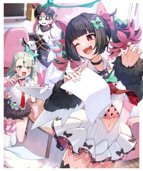 Rule 34 | 3girls, absurdres, angels of delusion, aria (zenless zone zero), arm support, arm warmers, bandaid, bandaid hair ornament, bare shoulders, black choker, black hair, black sclera, black skirt, blush, bow, choker, clothing cutout, collar, collarbone, colored inner hair, colored sclera, commentary request, detached sleeves, dress, earrings, fur-trimmed skirt, fur-trimmed sleeves, fur trim, green bow, green eyes, green hair, green halo, hair bow, hair ornament, halo, heart, heart hair ornament, highres, holding, holding paper, humanoid robot, iam (tetsu0ekaki), indoors, jewelry, kneeling, looking at another, looking back, multicolored hair, multiple girls, multiple hair bows, multiple hair clips, musical note earrings, nangong yu, navel, navel cutout, necktie, one eye closed, open mouth, paper, pink arm warmers, red hair, red necktie, robot, robot girl, shirt, short twintails, skirt, striped arm warmers, sunna (zenless zone zero), sweatdrop, table, twintails, white dress, white shirt, white wings, wings, zenless zone zero