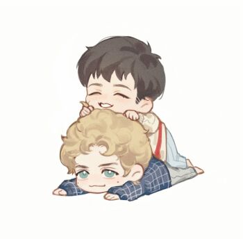 Rule 34 | 2boys, barefoot, blonde hair, blue eyes, blue shirt, brown hair, chibi, chibi only, chinese commentary, closed mouth, commentary request, curly hair, grey pants, grin, heated rivalry, highres, ilya rozanov, long sleeves, lying, lying on person, male focus, mole, mole under eye, multiple boys, on stomach, orihara0820, pants, parted hair, plaid clothes, plaid shirt, shane hollander, shirt, simple background, smile, sweater, white background