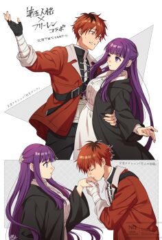 1boy 1girl :t amakura_(am_as) arm_around_back bandaged_arm bandages black_coat black_gloves black_pants black_shirt blunt_bangs breasts closed_eyes closed_mouth coat commentary_request dress fern_(sousou_no_frieren) fingerless_gloves gloves half_updo hand_up highres holding_hands kiss kissing_hand large_breasts long_hair long_sidelocks long_sleeves looking_at_viewer multiple_views open_clothes open_coat open_shirt pants parted_lips pout purple_eyes purple_hair red_hair red_shirt shirt short_hair sidelocks smile sousou_no_frieren standing stark_(sousou_no_frieren) straight_hair surprise_kiss surprised sweat translation_request very_long_hair very_short_hair watermark white_dress