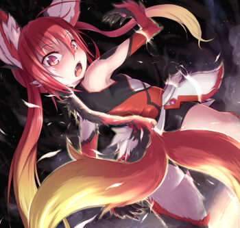 Rule 34 | 1girl, :o, animal ears, armpits, ass, bare shoulders, blonde hair, blush, body fur, bodysuit, breasts, claws, covered erect nipples, cowboy shot, dutch angle, elbow gloves, fang, female focus, fox ears, fox tail, from behind, furrification, furry, furry female, genderswap, genderswap (mtf), gloves, gradient hair, hair between eyes, kemonomimi mode, leotard, long hair, looking at viewer, looking back, magical girl, mitsuka souji, multicolored hair, multiple tails, oinari sanda, open mouth, orange hair, ore twintail ni narimasu, purple eyes, red eyes, red hair, slit pupils, small breasts, solo, standing, surprised, tail, tailred, thighhighs, transformation, twintails, very long hair