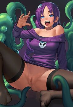 Rule 34 | 1girl, absurdres, blue eyes, covered erect nipples, feet, highres, imminent tentacle sex, lasterk, lemmy (zone), open mouth, original, pantyhose, purple hair, pussy, spread legs, tentacles, thighhighs, tongue, uncensored, zone-tan