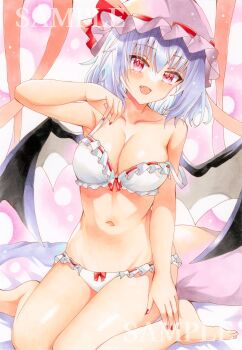Rule 34 | 1girl, absurdres, arm at side, barefoot, black wings, blue hair, bow, bow bra, bow panties, bra, breasts, collarbone, commentary request, fang, fingernails, frilled bra, frilled panties, frills, full body, hand up, hat, highres, huyugiri luna, large breasts, looking at viewer, marker (medium), mob cap, nail polish, navel, on bed, open mouth, panties, red eyes, red nails, remilia scarlet, sample watermark, short hair, sitting, smile, solo, stomach, strap slip, touhou, traditional media, underwear, wariza, watermark, white bra, white panties, wings