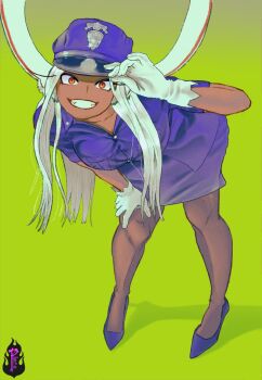 1girl adjusting_clothes adjusting_headwear animal_ears black_pantyhose blue_hat blue_shirt blue_shoes blue_skirt boku_no_hero_academia collared_shirt commentary dark-skinned_female dark_skin gloves green_background grey_hair hat high_heels highres leaning_forward long_hair mirko pantyhose peaked_cap piece_(desenhistadehen) police police_badge police_uniform rabbit_ears rabbit_girl red_eyes shadow shirt shoes simple_background skirt slit_pupils smile solo standing teeth watermark white_gloves