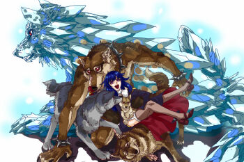 1boy 1girl :d animal_ears atroce blue_dress blue_hair brown_shoes brown_thighhighs collar commentary_request desert_wolf_(ragnarok_online) dress full_body furry furry_male garter_straps hatii_(ragnarok_online) juliet_sleeves long_hair long_sleeves looking_at_viewer open_mouth priest_(ragnarok_online) puffy_sleeves purple_eyes ragnarok_online red_eyes shoes smile spiked_collar spikes tail thighhighs toriria white_background wolf wolf_(ragnarok_online) wolf_boy wolf_cub wolf_ears wolf_tail