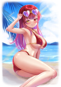 1girl absurdres adjusting_eyewear ass beach bikini blue_sky blush breasts closed_mouth day earrings eyewear_on_head gold_trim hanakuma_mano hand_on_eyewear heart heart-shaped_eyewear heart_earrings heart_necklace heterochromia highres hololive houshou_marine houshou_marine_(summer) jewelry large_breasts licking_lips long_hair looking_at_viewer necklace ocean pink-tinted_eyewear rainbow red_bikini red_eyes red_hair sand sideboob sitting sky solo straight_hair sunglasses sunlight swimsuit tinted_eyewear tongue tongue_out virtual_youtuber water yellow_eyes yokozuwari