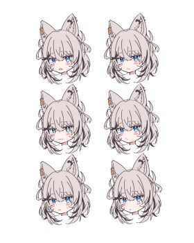 1girl :3 absurdres animal_ear_piercing animal_ears black_streaks blue_eyes blush_stickers closed_mouth commentary_request dog_ears dog_girl grey_hair hair_between_eyes head_only highres kmnz looking_at_viewer medium_hair multicolored_hair multiple_expressions no_name_ver1 open_mouth pout simple_background smile streaked_hair tina_(kmnz) virtual_youtuber white_background