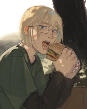 1boy alternate_costume alternate_universe armin_arlert artist_name blonde_hair blue_eyes bob_cut burger commentary english_commentary food glasses green_shirt highres holding holding_burger holding_food imminent_eating layered_sleeves lips long_sleeves looking_at_viewer male_focus musapylsa nose rectangular_eyewear shingeki_no_kyojin shirt short_hair short_over_long_sleeves short_sleeves solo teeth upper_body