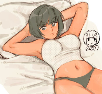 1girl arms_behind_head black_eyes black_hair black_panties breasts bruno_bucciarati commentary english_commentary expressionless genderswap genderswap_(mtf) highres jojo_no_kimyou_na_bouken looking_at_viewer lying malan multiple_views navel on_back panties polka_dot polka_dot_shirt shirt short_hair solo tongue tongue_out underwear vento_aureo