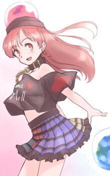 1girl :d belt_collar black_hat black_shirt blush breasts chain collar commentary_request diamond_earrings earrings earth_(ornament) frilled_skirt frills from_side gold_chain hat hecatia_lapislazuli jewelry long_hair looking_back medium_breasts midriff_peek miniskirt multicolored_skirt off-shoulder_shirt off_shoulder one-hour_drawing_challenge open_mouth outstretched_arms pleated_skirt rangycrow red_eyes red_hair shirt sideways_glance skirt smile solo striped_clothes striped_skirt t-shirt touhou underworld_(ornament)